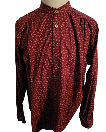 Inventory Reduction Sale- Band Collar Shirt w/ Ivory Vine Print on Cranberry Cotton-Large